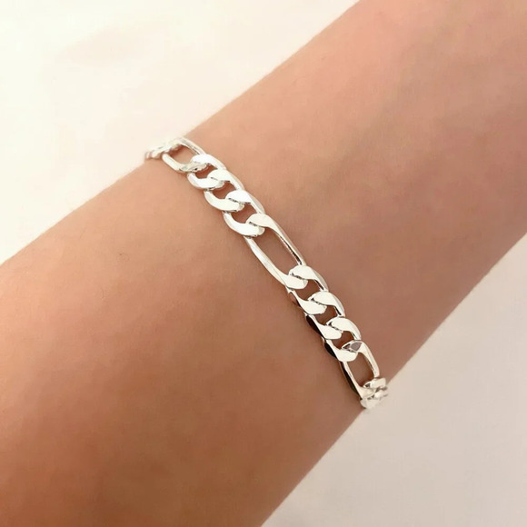 925 Sterling Silver Figaro Chain Bracelet Flat Link Bracelet Dainty Bracelet - Picture 1 of 3